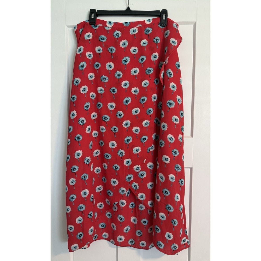 J.Crew Cerise Midi Dandelion Skirt XL Red Teal Blue Floral Petal Front Wrap NWOT